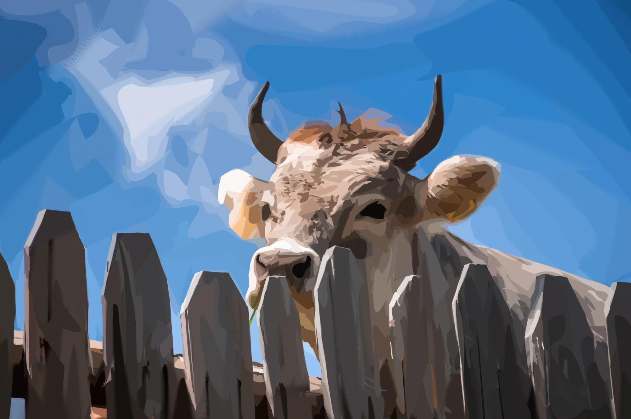Vector Scaffolding reconstruction of the cow, wooden fence, and sky.