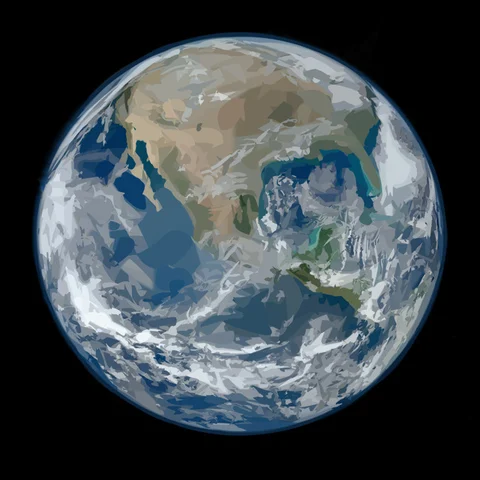 Earth reconstructed with 1024 curves: fine cloud and terrain details appear.
