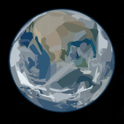 Earth reconstructed with 128 curves: continents and cloud bands emerge.