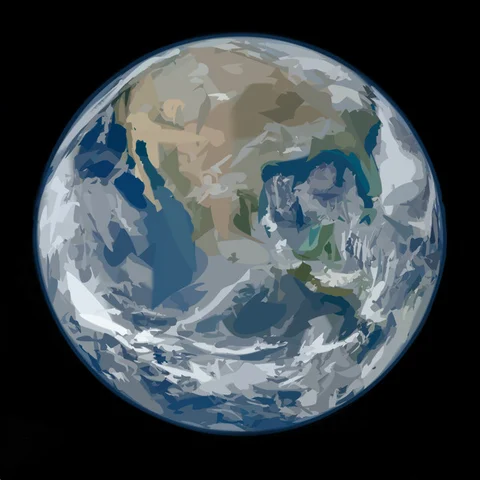Earth reconstructed with 512 curves: smaller shapes refine the continents.