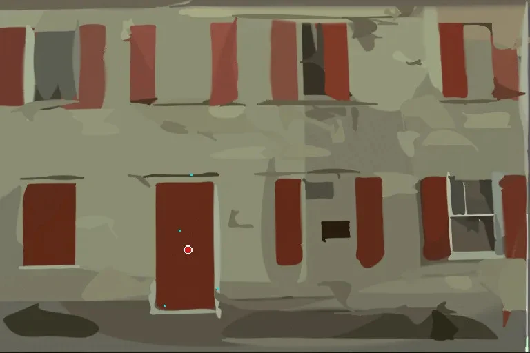 Selected vector paths highlighted around the doorway in the editing demo.